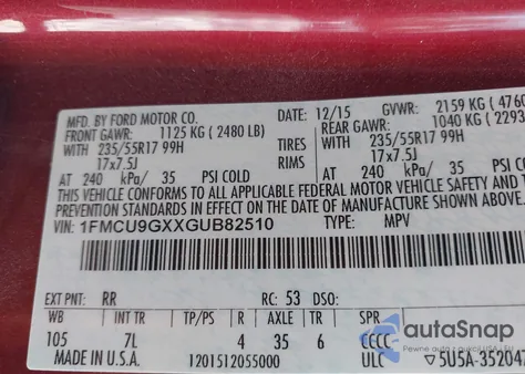 2016 Ford Escape Se из США, поврежденный, VIN 1FMCU9GXXGUB82510